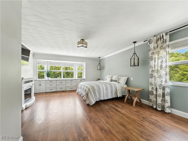 12147 Gladstone Rd SW, North Jackson, OH 44451 - bedroom with dark wood-style floors, ornamental molding, and a glass covered fireplace
