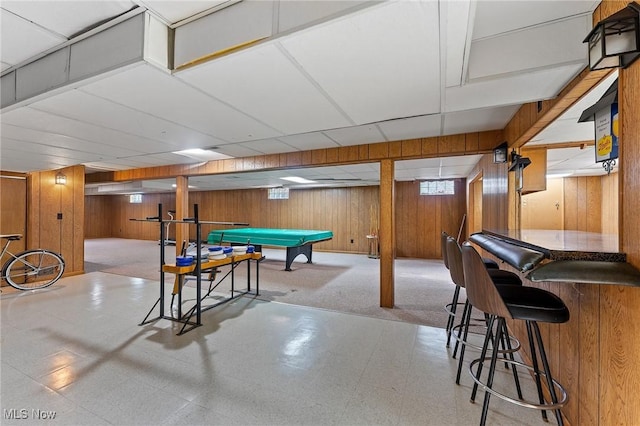 853 Almasy Dr, Campbell, OH 44405 - rec room featuring tile patterned floors, billiards, and wood walls