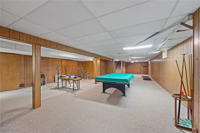 853 Almasy Dr, Campbell, OH 44405 - recreation room featuring wooden walls, carpet floors, and billiards table
