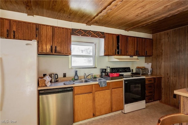 2361 Carpenter Run Rd, Waverly, WV 26184 - kitchen featuring dishwasher, freestanding refrigerator, electric range, wood ceiling, and under cabinet range hood