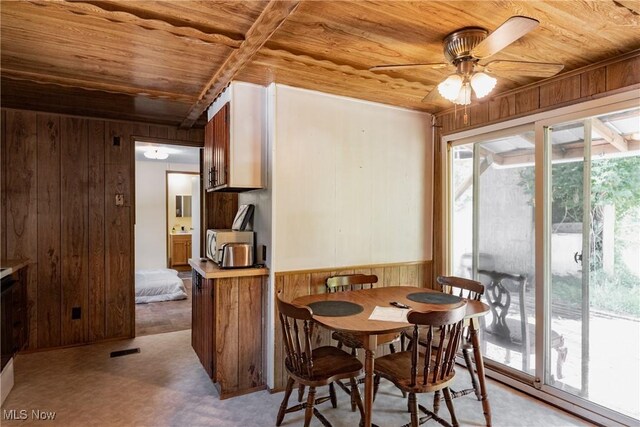 2361 Carpenter Run Rd, Waverly, WV 26184 - dining space featuring wood ceiling, wood walls, ceiling fan, and light floors