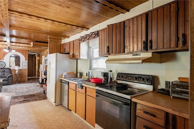 2361 Carpenter Run Rd, Waverly, WV 26184 - kitchen featuring black / electric stove, a wooden ceiling with exposed beams, stainless steel dishwasher, under cabinet range hood, and open floor plan