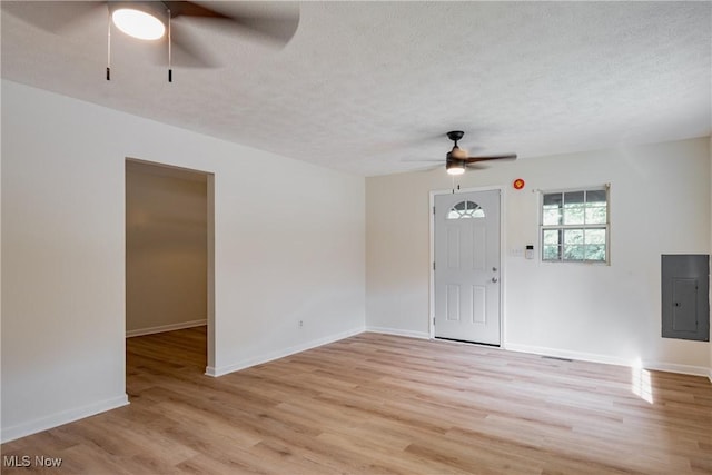 3917 Walker Rd, Walker, WV 26180 - unfurnished living room with a ceiling fan, light wood-type flooring, electric panel, and a textured ceiling