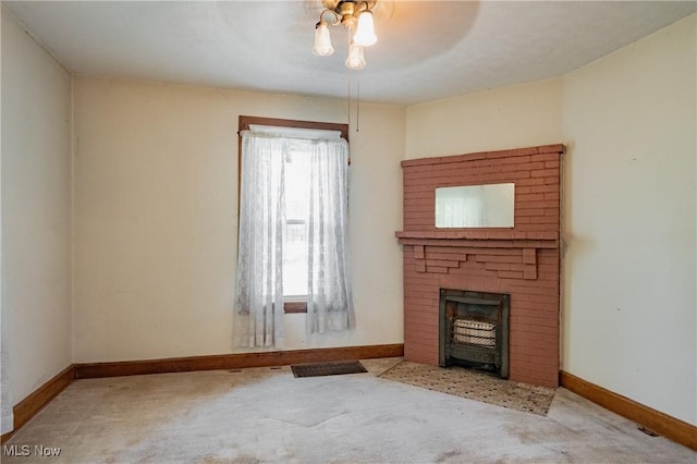 1407 Andrew St, Parkersburg, WV 26101 - unfurnished living room with carpet, a fireplace, and a ceiling fan