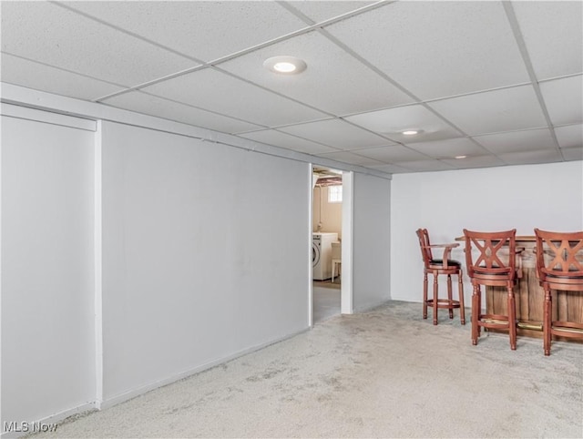 14507 Reddington Ave, Maple Heights, OH 44137 - dining room with a dry bar, carpet floors, recessed lighting, a drop ceiling, and washer / clothes dryer