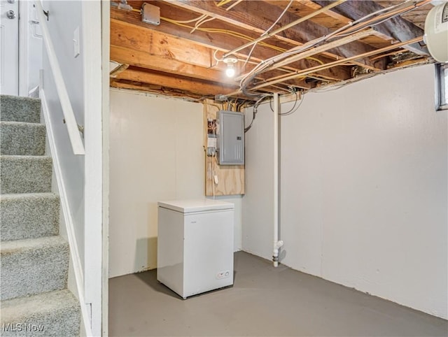 14507 Reddington Ave, Maple Heights, OH 44137 - unfinished below grade area featuring fridge, electric panel, and stairway