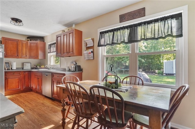 1300 Andrew Ave, Salem, OH 44460 - kitchen featuring dishwasher, light wood-type flooring, brown cabinetry, and fridge