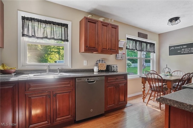 1300 Andrew Ave, Salem, OH 44460 - kitchen featuring stainless steel dishwasher, dark countertops, light wood-style flooring, and dark brown cabinets
