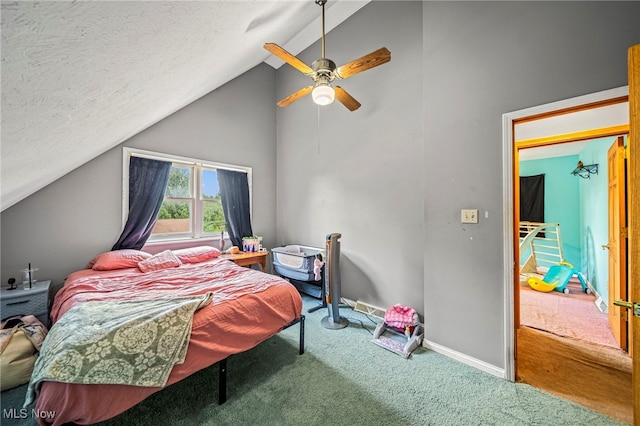 5050 Middle Rd, Conneaut, OH 44030 - carpeted bedroom with high vaulted ceiling, ceiling fan, and a textured ceiling