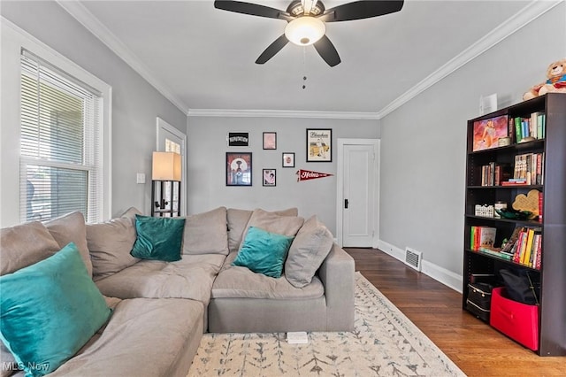 14317-14319 Bayes Ave, Lakewood, OH 44107 - living room with wood finished floors, ornamental molding, and ceiling fan