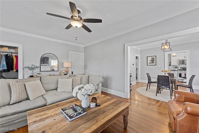 14317-14319 Bayes Ave, Lakewood, OH 44107 - living area featuring light wood finished floors, ceiling fan, and crown molding