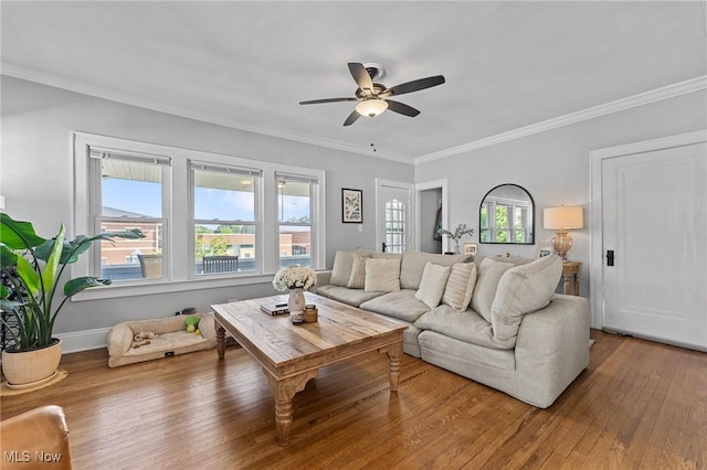 14317-14319 Bayes Ave, Lakewood, OH 44107 - living area with a ceiling fan, wood finished floors, and crown molding