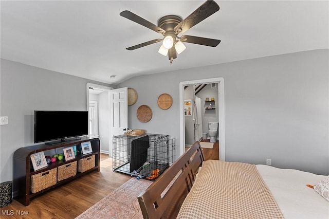 14317-14319 Bayes Ave, Lakewood, OH 44107 - bedroom featuring lofted ceiling, wood finished floors, and a ceiling fan