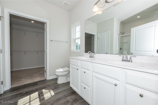 1637 Duncan Way, Streetsboro, OH 44241 - bathroom featuring double vanity, wood finished floors, a shower, and a walk in closet