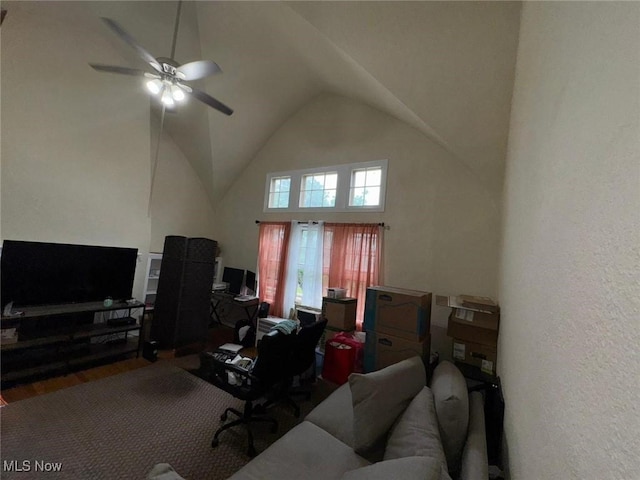 15610 Van Aken Blvd Unit 5, Shaker Heights, OH 44120 - living area featuring an office area, ceiling fan, high vaulted ceiling, wood finished floors, and a textured wall