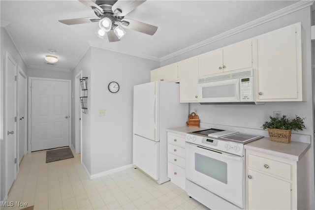 6 Wedgewood Dr, Willard, OH 44890 - kitchen featuring white appliances, light countertops, ornamental molding, a ceiling fan, and white cabinetry