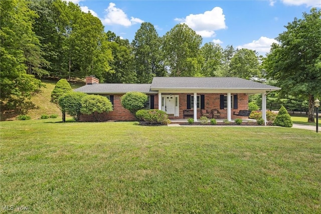 33362 State Route 833, Pomeroy, OH 45769 - ranch-style home with covered porch, a front yard, a chimney, and brick siding