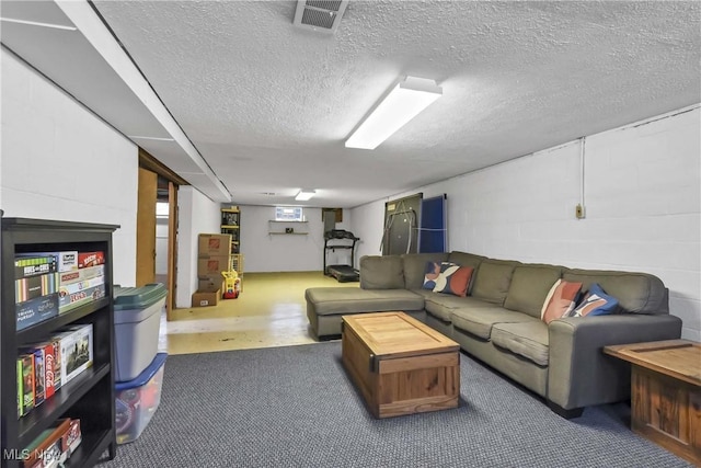 6713 Mackenzie Rd, North Olmsted, OH 44070 - carpeted living room featuring concrete block wall and a textured ceiling