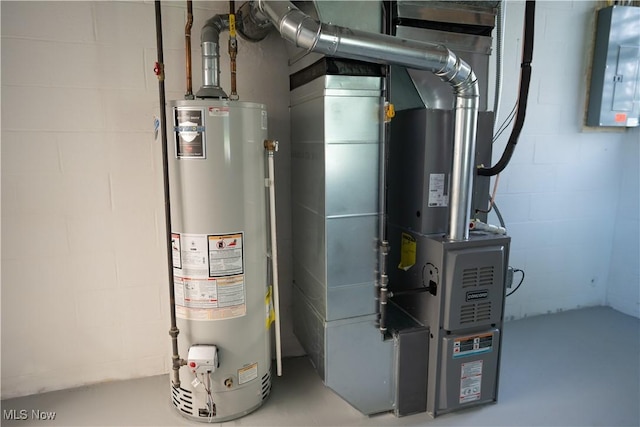 5699 Colgate Ave, Austintown, OH 44515 - utility room with gas water heater, electric panel, and heating unit