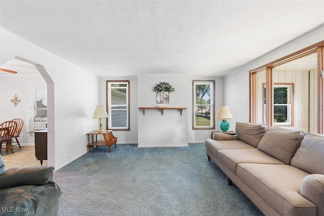 274 2nd St SW, Brewster, OH 44613 - carpeted living room featuring a textured ceiling and arched walkways