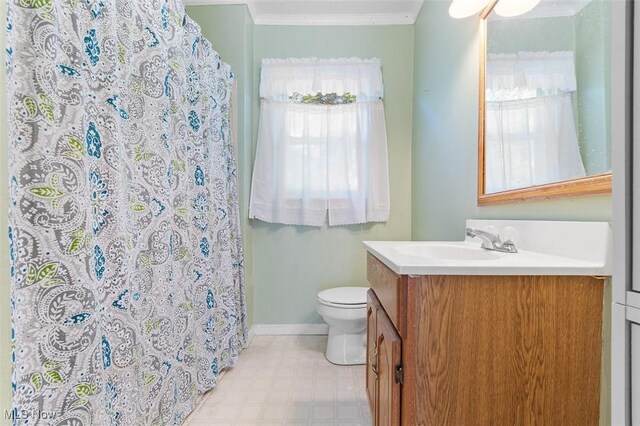 274 2nd St SW, Brewster, OH 44613 - full bath with vanity, tile patterned floors, ornamental molding, and curtained shower