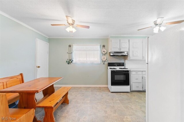 274 2nd St SW, Brewster, OH 44613 - kitchen with white appliances, under cabinet range hood, ceiling fan, white cabinets, and ornamental molding
