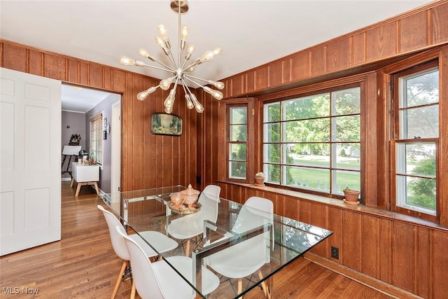 2215 S Belvoir Blvd, University Heights, OH 44118 - dining room with a chandelier, wood walls, plenty of natural light, and wood finished floors