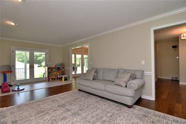11919 Claridon Troy Rd, Chardon, OH 44024 - living room featuring wood finished floors, french doors, and ornamental molding