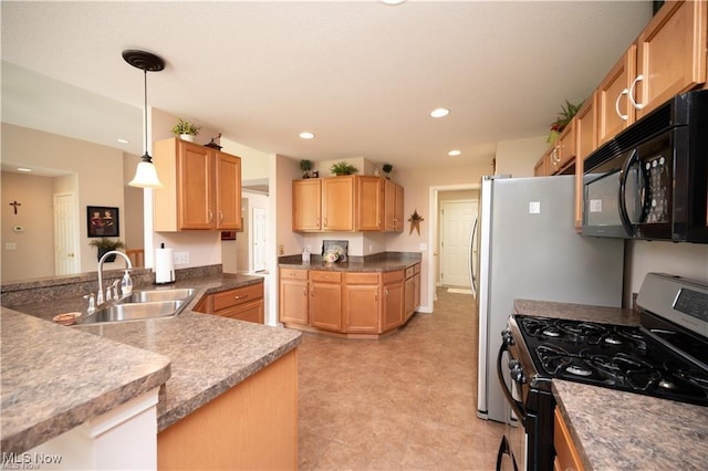 125 Fitch Blvd Unit 263, Austintown, OH 44515 - kitchen featuring black microwave, stainless steel gas range oven, pendant lighting, light brown cabinets, and recessed lighting