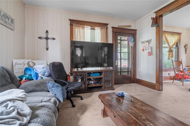 415 N Columbus St, Crestline, OH 44827 - living room with carpet, wallpapered walls, healthy amount of natural light, and crown molding