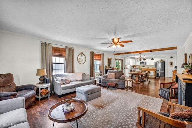 12208 State Route 113, Wakeman, OH 44889 - living area with plenty of natural light, a textured ceiling, ceiling fan, a chandelier, and dark wood-style flooring