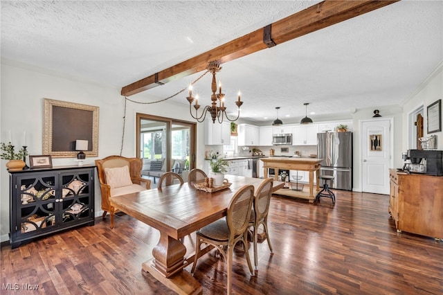 12208 State Route 113, Wakeman, OH 44889 - dining room with dark wood-style floors, a textured ceiling, a chandelier, beam ceiling, and ornamental molding