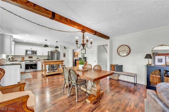 12208 State Route 113, Wakeman, OH 44889 - dining room featuring beam ceiling, dark wood-type flooring, a chandelier, a textured ceiling, and ornamental molding