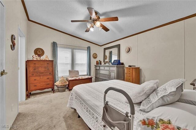 16 Piccolo, Olmsted Twp, OH 44138 - bedroom featuring crown molding, lofted ceiling, light colored carpet, a textured ceiling, and a ceiling fan