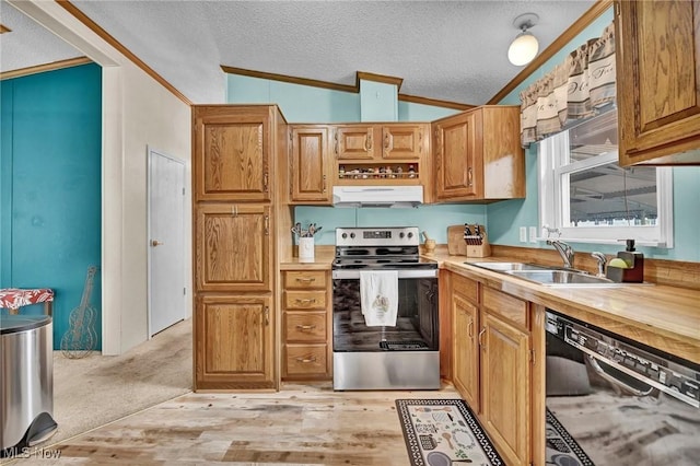 16 Piccolo, Olmsted Twp, OH 44138 - kitchen featuring black dishwasher, stainless steel electric stove, ornamental molding, under cabinet range hood, and light countertops