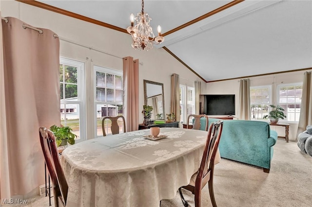 16 Piccolo, Olmsted Twp, OH 44138 - dining area with light colored carpet, a chandelier, ornamental molding, beam ceiling, and high vaulted ceiling