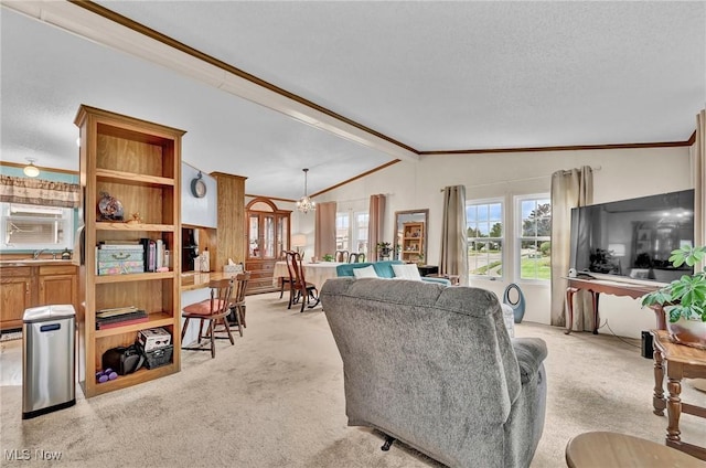 16 Piccolo, Olmsted Twp, OH 44138 - living room with light carpet, ornamental molding, lofted ceiling, a textured ceiling, and a chandelier