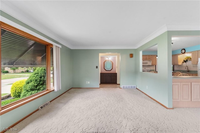 4899 Autumn Ln, Brooklyn, OH 44144 - unfurnished living room featuring light carpet and crown molding