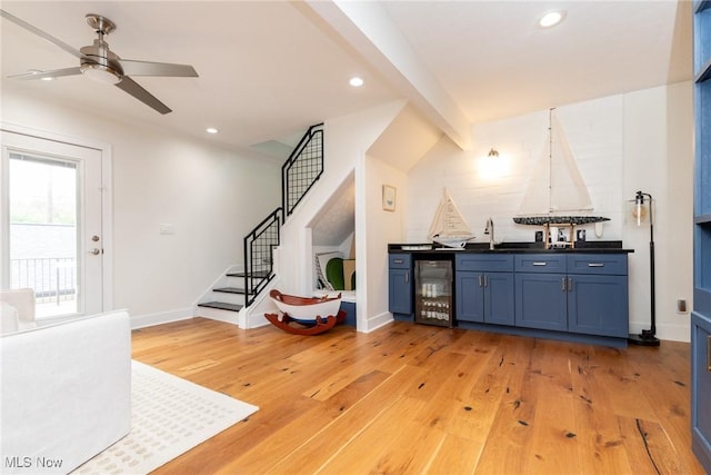 1906 W 47th St, Cleveland, OH 44102 - bar area with wine cooler, light wood-type flooring, stairway, recessed lighting, and ceiling fan