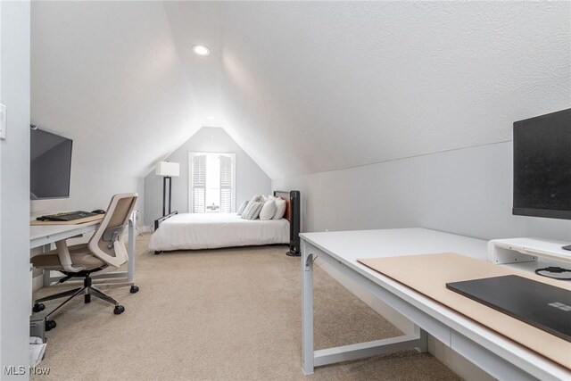1906 W 47th St, Cleveland, OH 44102 - bedroom with light colored carpet, vaulted ceiling, an office area, and recessed lighting