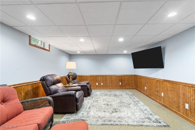 3049 Deercrest Path, Stow, OH 44224 - carpeted living room featuring wainscoting, wooden walls, recessed lighting, and a drop ceiling