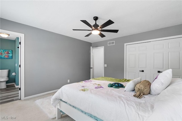 3049 Deercrest Path, Stow, OH 44224 - bedroom with a closet, light colored carpet, ensuite bathroom, and ceiling fan
