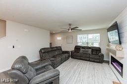 105 Vesper Cir, Lodi, OH 44254 - living area with ceiling fan, wood finished floors, and a glass covered fireplace