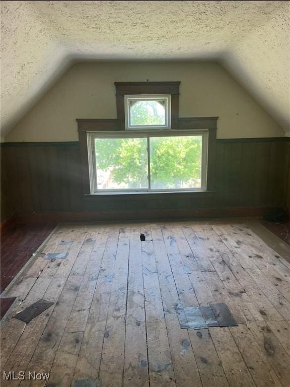 501 W 21st St, Lorain, OH 44052 - bonus room with hardwood / wood-style floors, lofted ceiling, a textured ceiling, and wainscoting