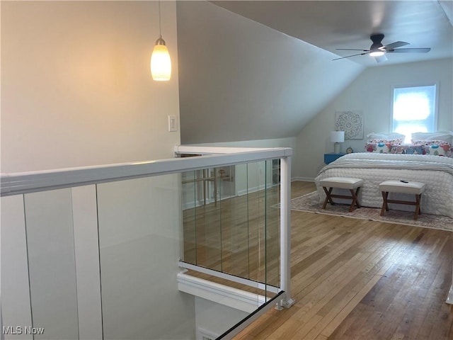6704 Northcliff Ave, Brooklyn, OH 44144 - bedroom with hardwood / wood-style flooring, vaulted ceiling, and ceiling fan