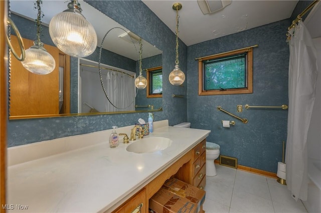 731 Hemlock St NW, Massillon, OH 44647 - full bath with vanity, tile patterned flooring, wallpapered walls, and shower / bath combination with curtain