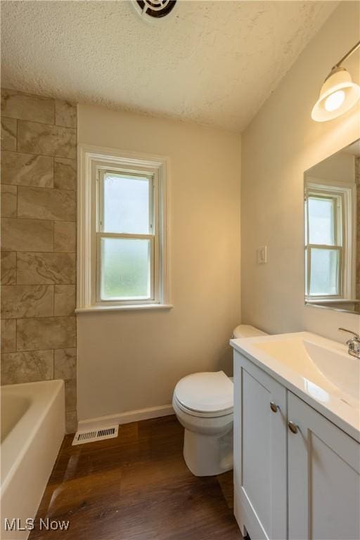 21304 Watson Rd, Maple Heights, OH 44137 - bathroom featuring vanity, healthy amount of natural light, wood finished floors, and a textured ceiling