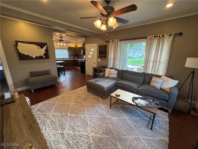 3868 Adams Ave, Shadyside, OH 43947 - living room with crown molding, dark wood-type flooring, plenty of natural light, a ceiling fan, and recessed lighting