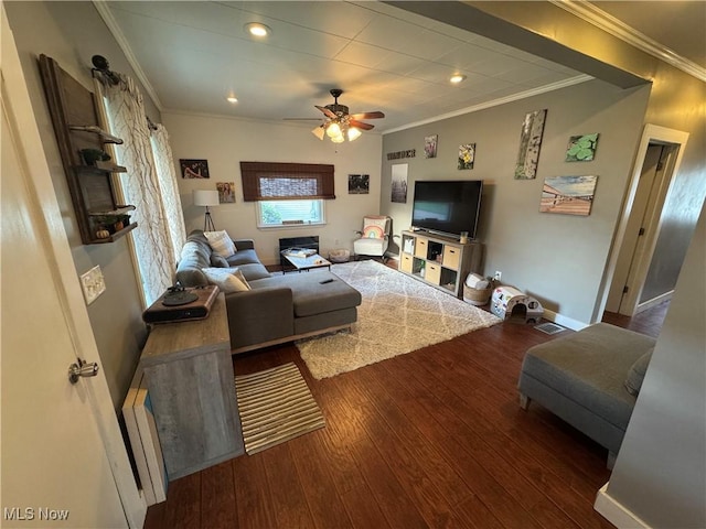 3868 Adams Ave, Shadyside, OH 43947 - living room featuring ornamental molding, hardwood / wood-style floors, a ceiling fan, and recessed lighting