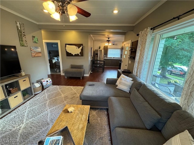 3868 Adams Ave, Shadyside, OH 43947 - living area featuring a ceiling fan, wood finished floors, and ornamental molding